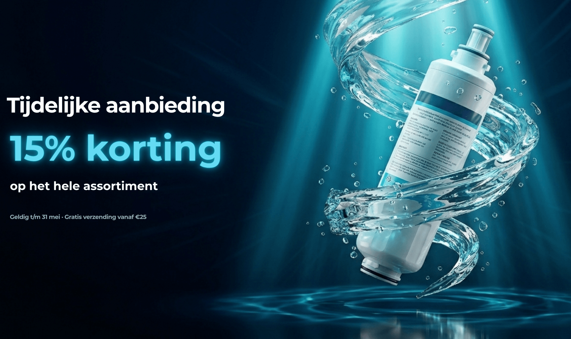 Tijdelijke aanbieding: 15% korting op het hele koelkastfilter-assortiment bij Koelkastfilters — geldig t/m 31 mei, gratis verzending vanaf €25